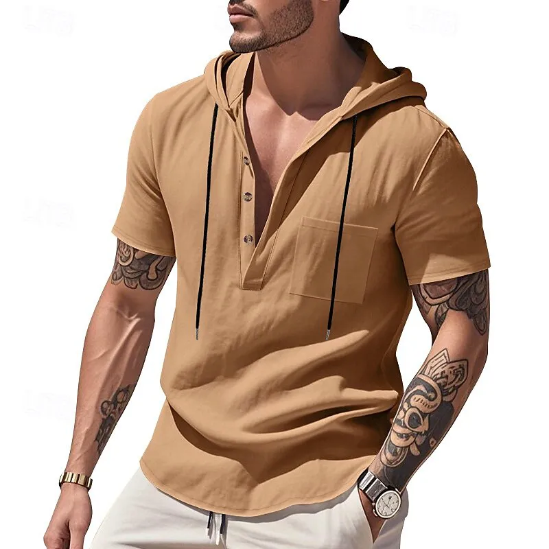 Men's Retro Casual Linen Hooded Pocket Short Sleeve T-Shirt MTA1471G5TO sold by Manly
