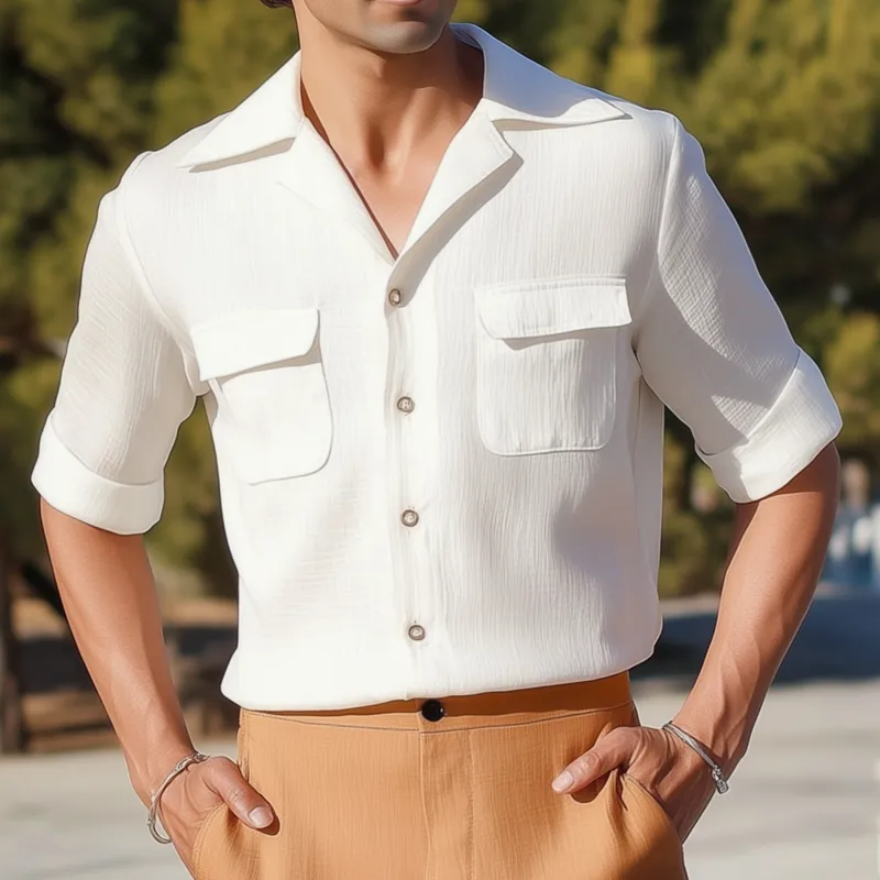 Men's Casual Solid Color Pleated Cotton Blend Cuban Collar Chest Pocket Single Breasted Slim Mid Sleeve Shirt MTA1427G1M sold by Manly product image thumbnail 2