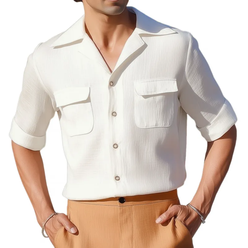 Men's Casual Solid Color Pleated Cotton Blend Cuban Collar Chest Pocket Single Breasted Slim Mid Sleeve Shirt MTA1427G1M sold by Manly