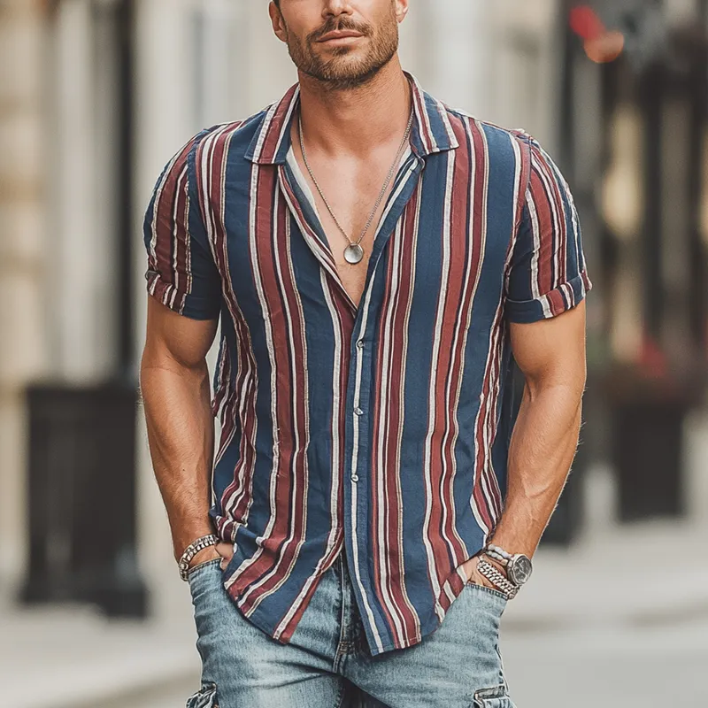 Men's Summer Cotton Blend Fashion Stripe Print Short Sleeve Shirt MTA1402G1P sold by Manly product image thumbnail 4