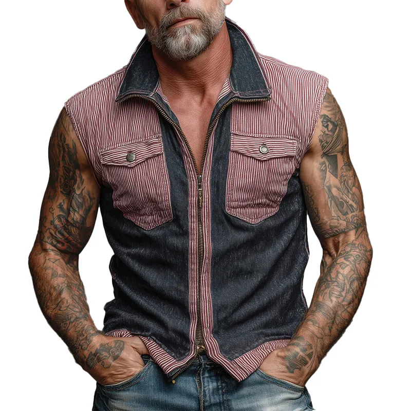 Men's Summer Retro Stitching Sleeveless Zipper Shirt MTA1475G3P sold by Manly