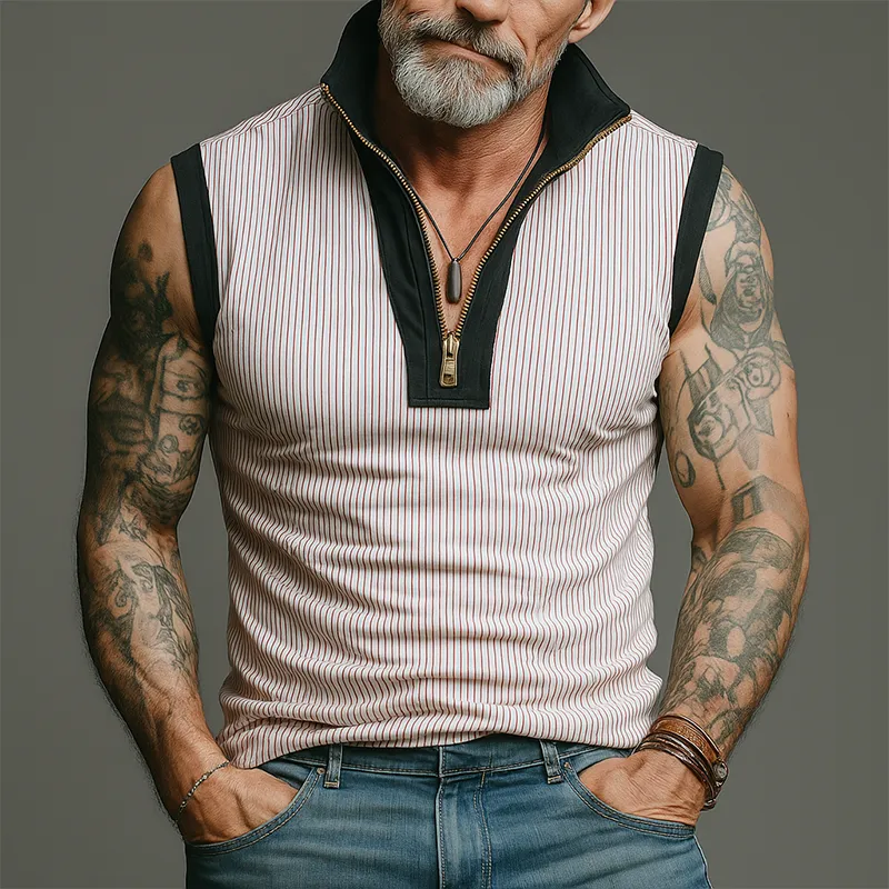 Men's Summer Cotton Blended Retro Stitching Sleeveless Zipper Tank Top MTA1441G9P sold by Manly product image thumbnail 3