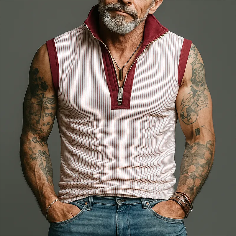 Men's Summer Cotton Blended Retro Stitching Sleeveless Zipper Tank Top MTA1441G9P sold by Manly product image thumbnail 2
