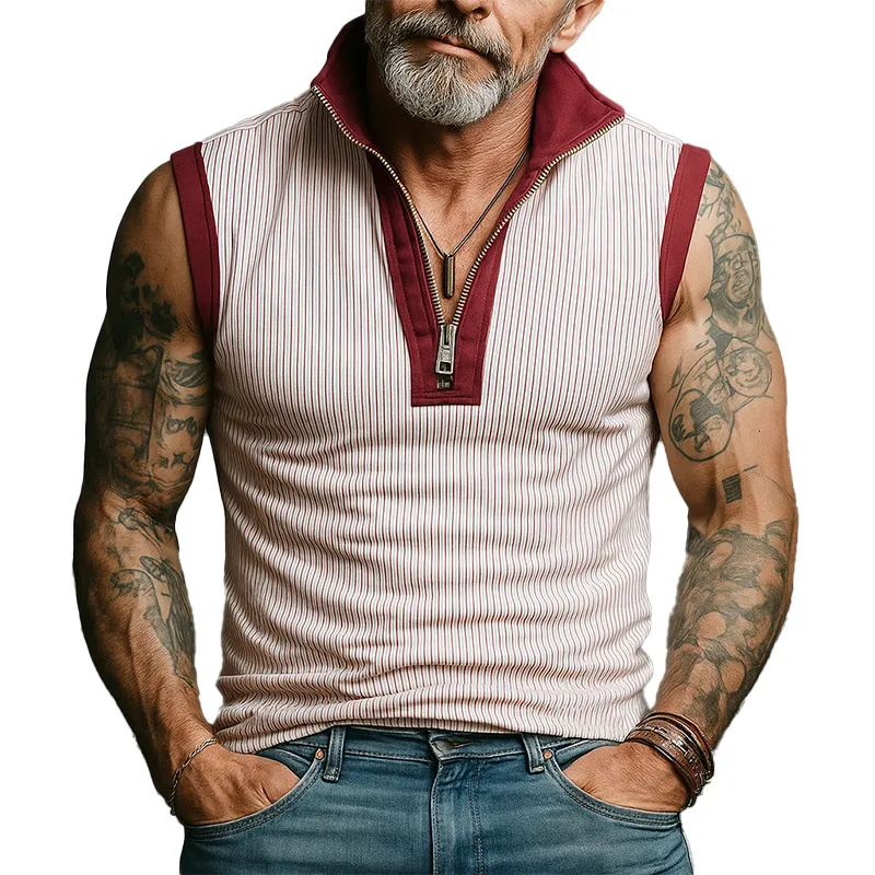 Men's Summer Cotton Blended Retro Stitching Sleeveless Zipper Tank Top MTA1441G9P sold by Manly