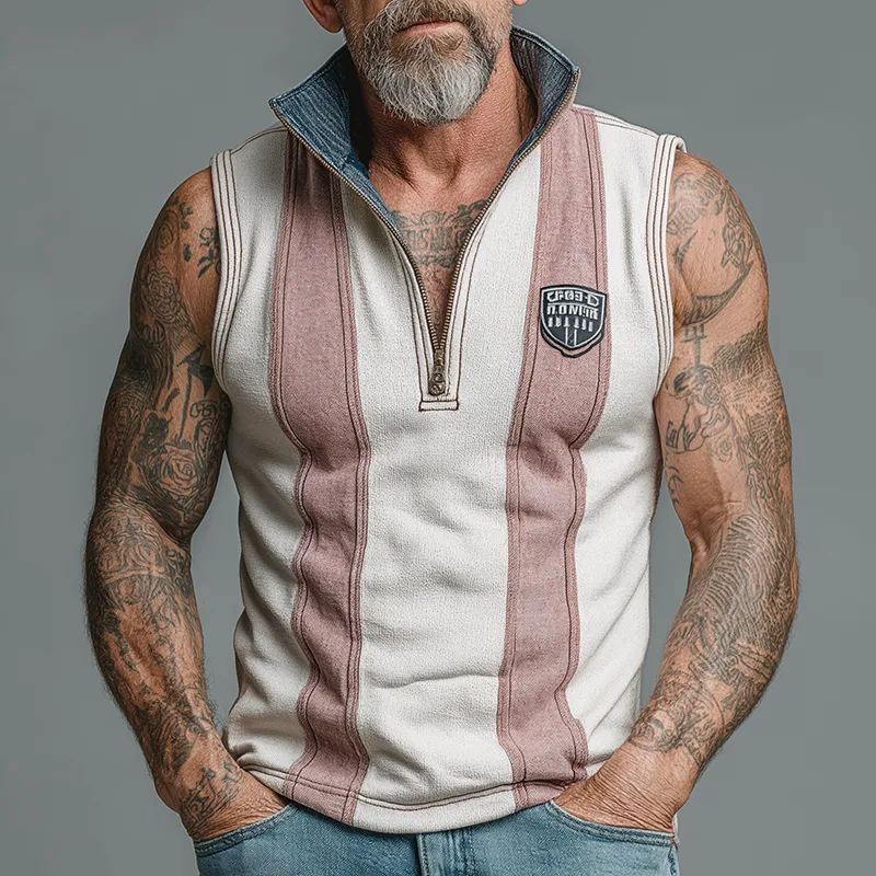 Men's Summer Cotton Blend Vintage Print Sleeveless Zipper Tank Top MTA1433G7P sold by Manly product image thumbnail 2