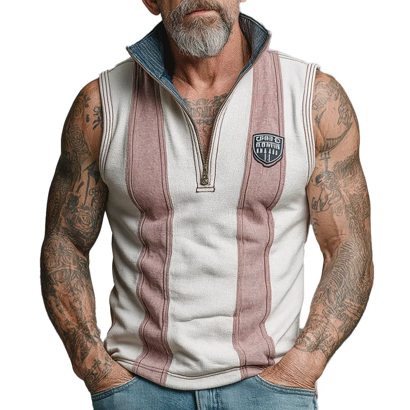 Men's Summer Cotton Blend Vintage Print Sleeveless Zipper Tank Top MTA1433G7P sold by Manly