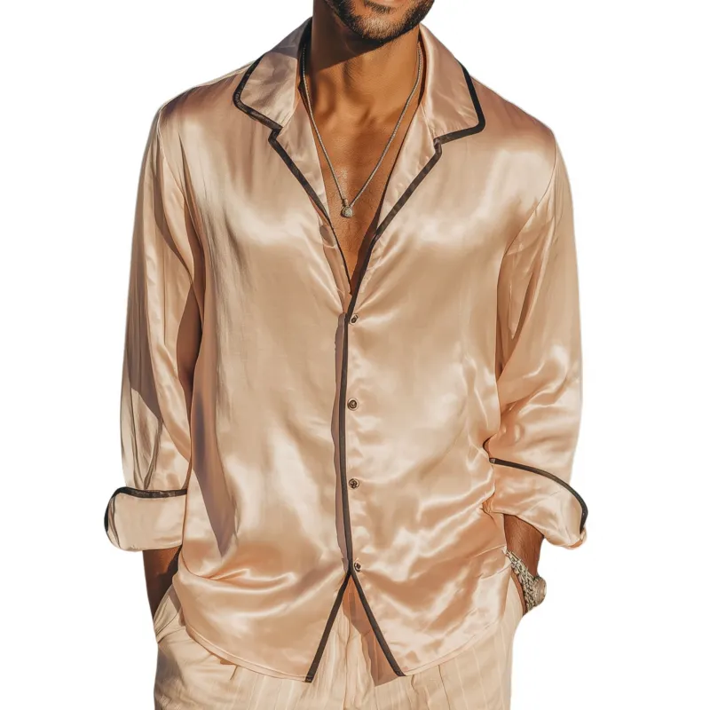 Men's Vintage Elegant Satin Colorblock Lapel Single Breasted Slim Fit Long Sleeve Shirt MTA1452G7M sold by Manly