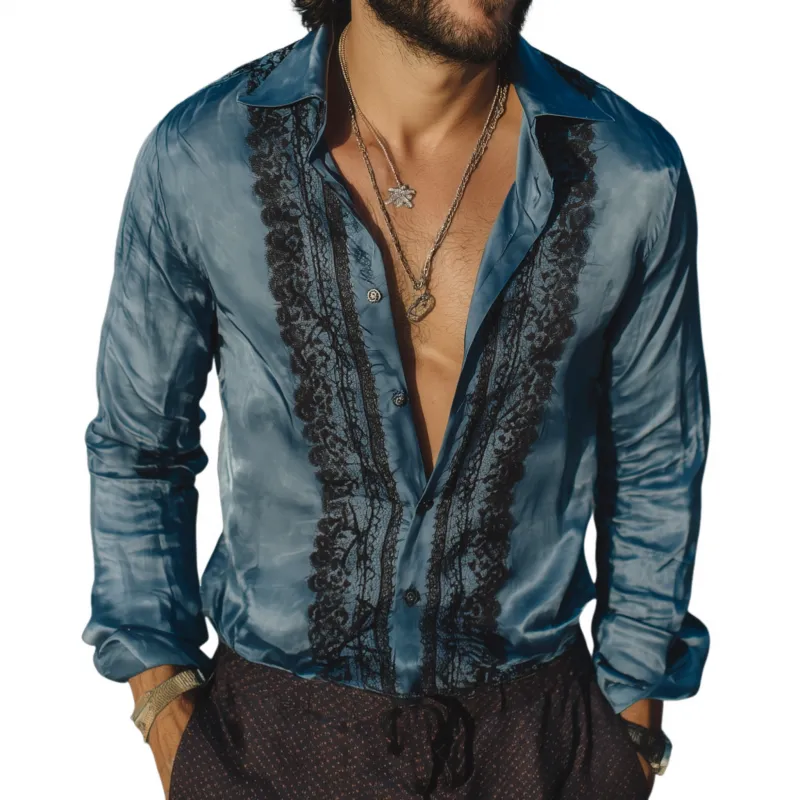 Men's Vintage Elegant Satin Lace Colorblock Patchwork Lapel Slim Fit Long Sleeve Shirt MTA1405G4M sold by Manly