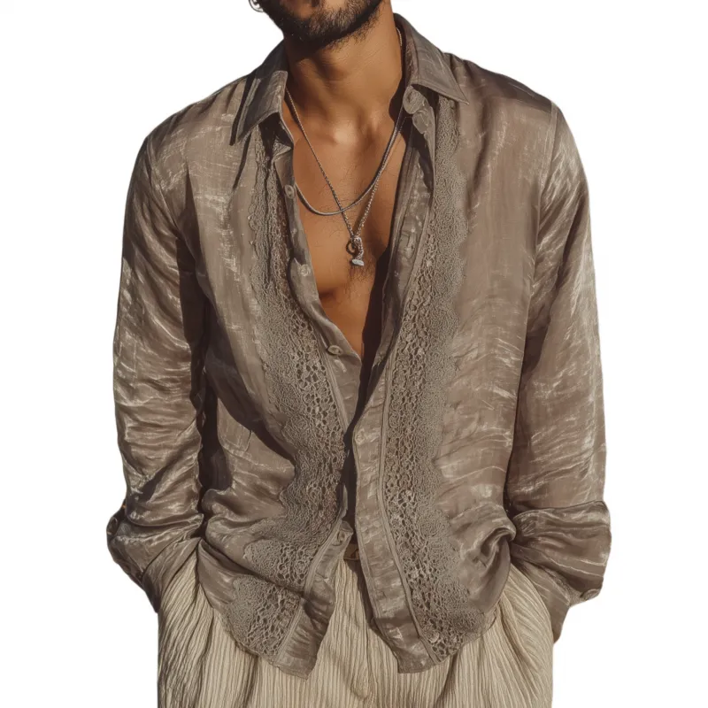 Men's Casual Solid Color Tencel Patchwork Lace Lapel Loose Long Sleeve Shirt MTA1439G7M sold by Manly