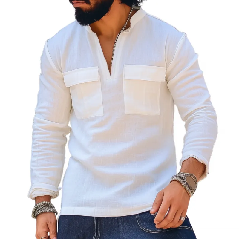 Men's Casual Cotton Solid Color V-Neck Chest Pocket Pullover Slim Fit Long Sleeve Shirt MTA1421G0M sold by Manly