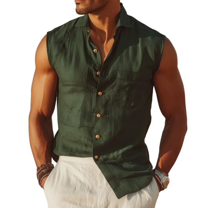 Men's Casual Solid Color Cotton Linen Lapel Patch Pocket Slim Fit Sleeveless Shirt MTA1489G8M sold by Manly