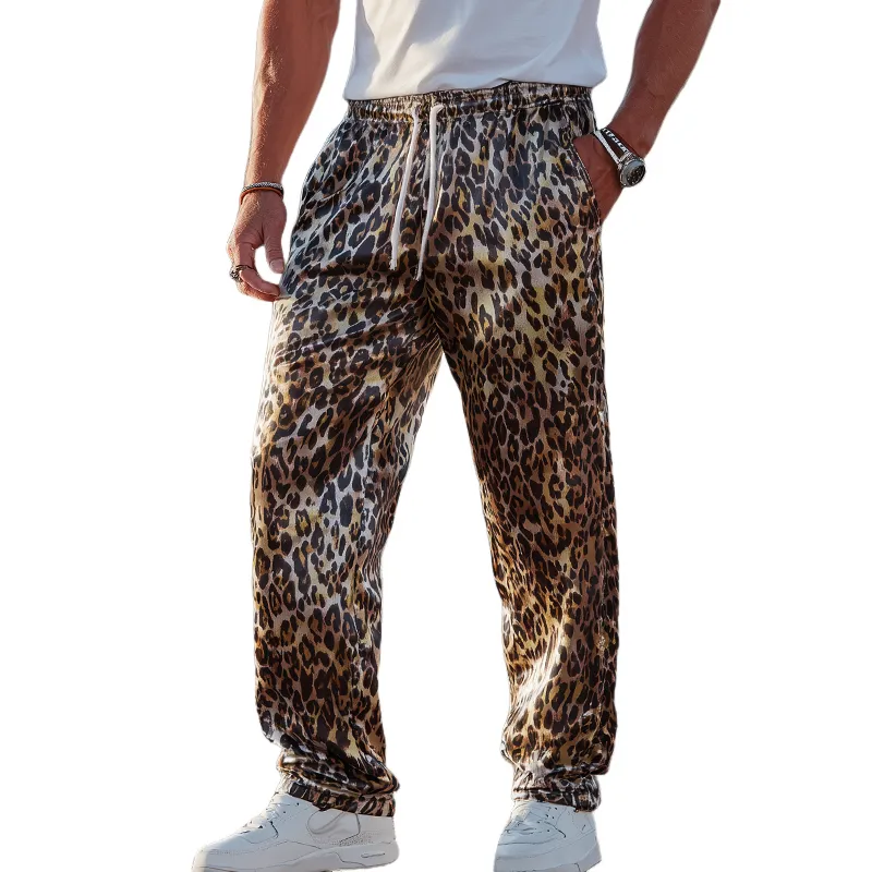 Men's Fashion Casual Leopard Print Satin Elastic Waist Loose Pants MTA1412G5K sold by Manly