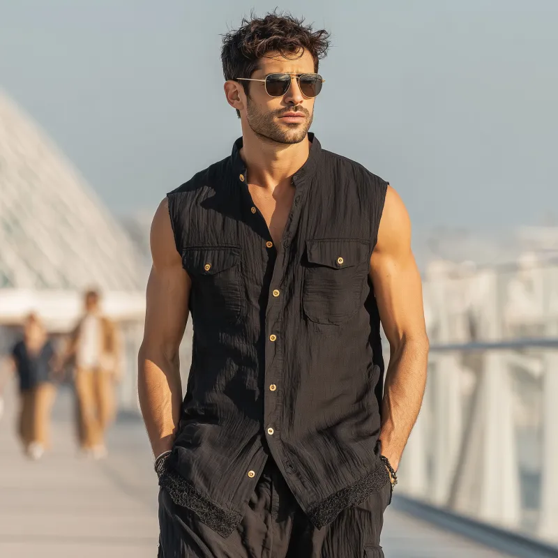 Men's Casual Solid Color Cotton Stand Collar Lace Hem Patchwork Single Breasted Slim Fit Sleeveless Shirt MTA1468G8M sold by Manly product image thumbnail 3