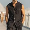 Men's Casual Solid Color Cotton Stand Collar Lace Hem Patchwork Single Breasted Slim Fit Sleeveless Shirt MTA1468G8M sold by Manly