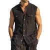 Men's Casual Solid Color Cotton Stand Collar Lace Hem Patchwork Single Breasted Slim Fit Sleeveless Shirt MTA1468G8M sold by Manly