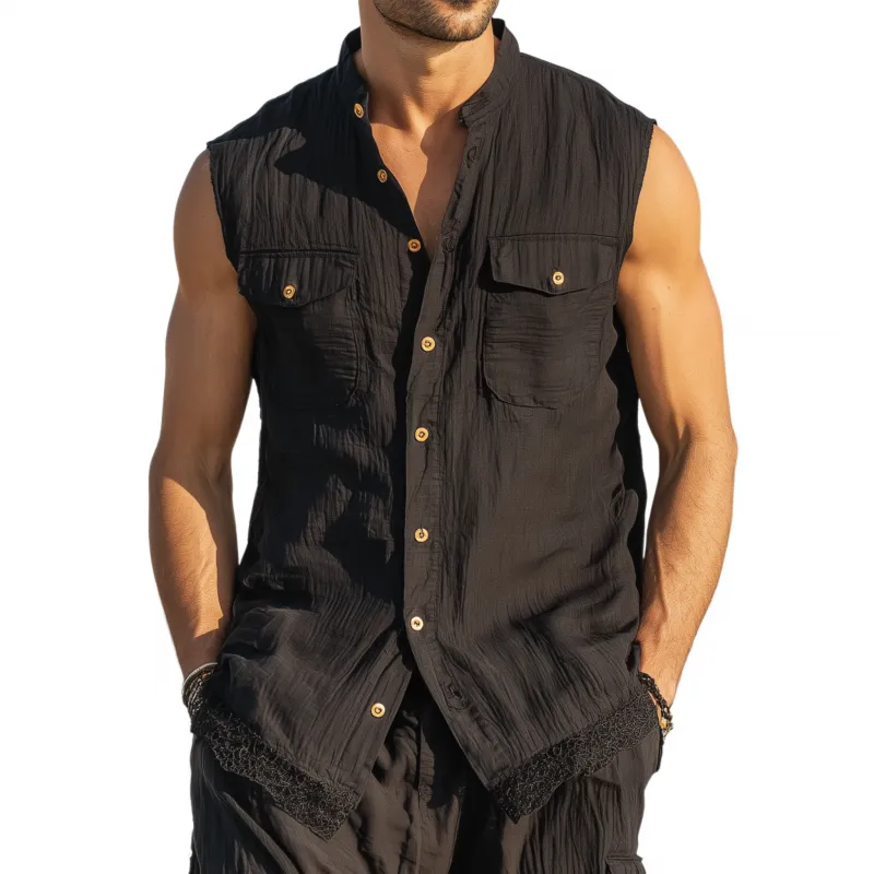 Men's Casual Solid Color Cotton Stand Collar Lace Hem Patchwork Single Breasted Slim Fit Sleeveless Shirt MTA1468G8M sold by Manly