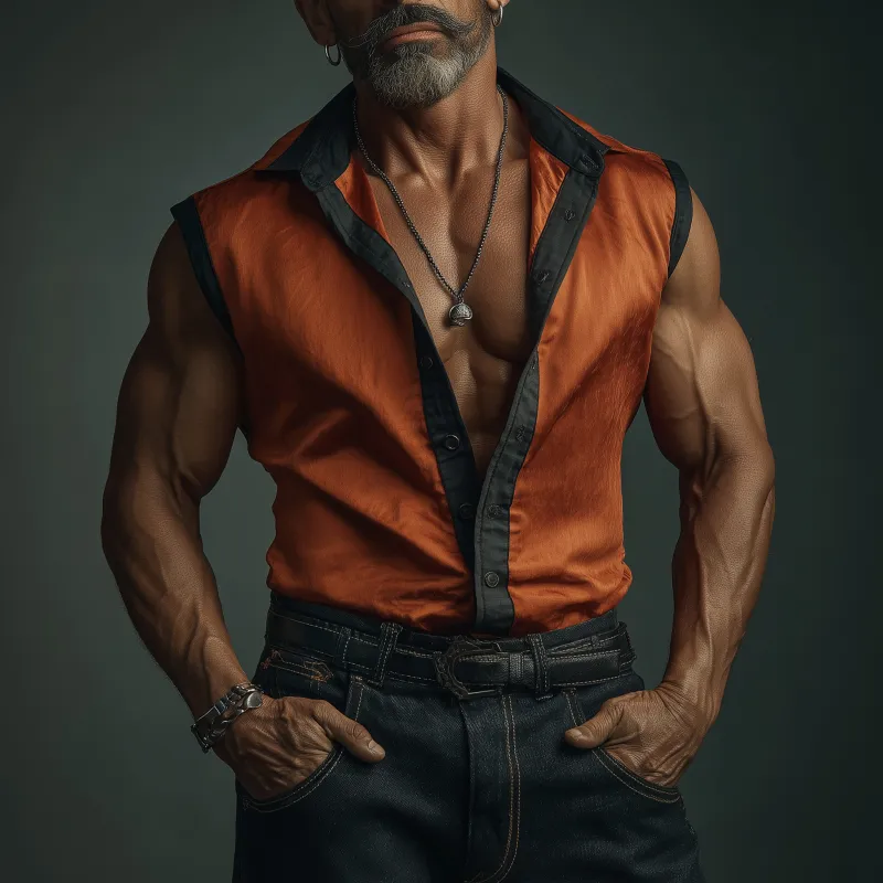 Men's Casual Colorblock Patchwork Satin Lapel Single-breasted Slim-fit Sleeveless Shirt MTA1427G4M sold by Manly product image thumbnail 3