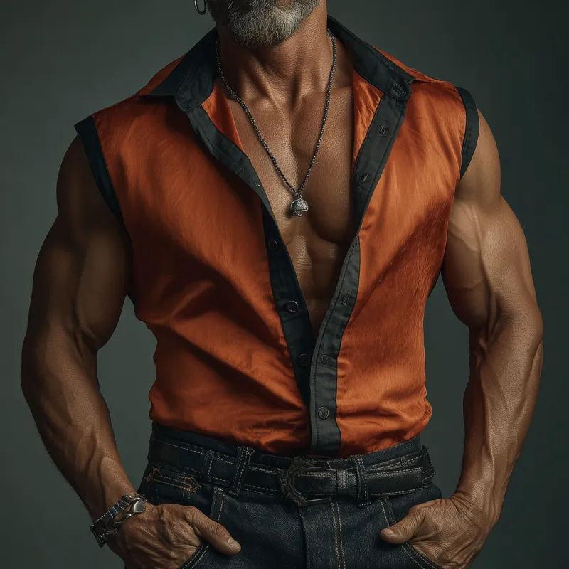 Men's Casual Colorblock Patchwork Satin Lapel Single-breasted Slim-fit Sleeveless Shirt MTA1427G4M sold by Manly product image thumbnail 2