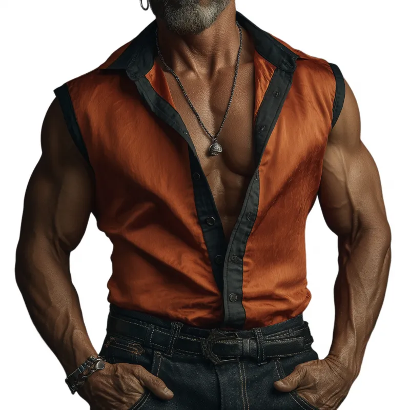 Men's Casual Colorblock Patchwork Satin Lapel Single-breasted Slim-fit Sleeveless Shirt MTA1427G4M sold by Manly