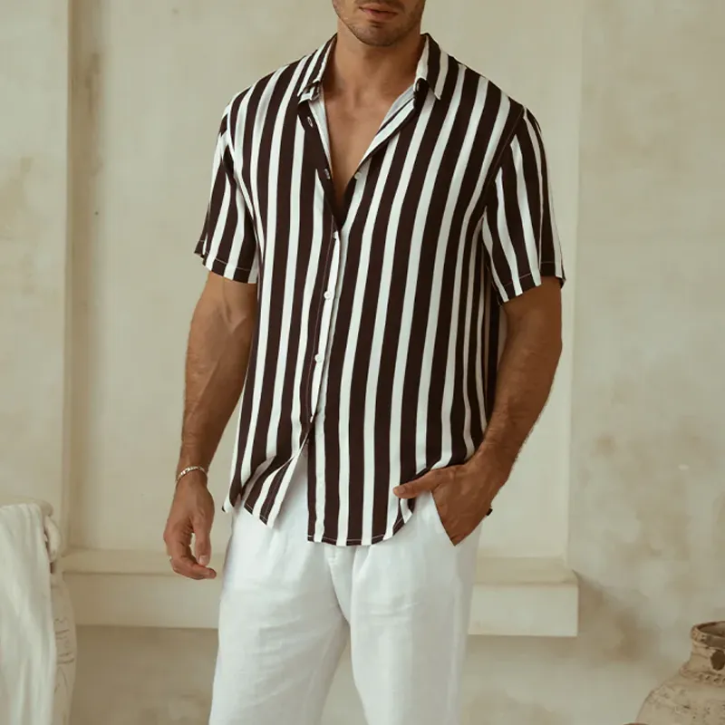 Men's Classic Casual Contrast Color Vertical Striped Cotton Blend Short Sleeve Shirt MTA1440G0K sold by Manly product image thumbnail 3