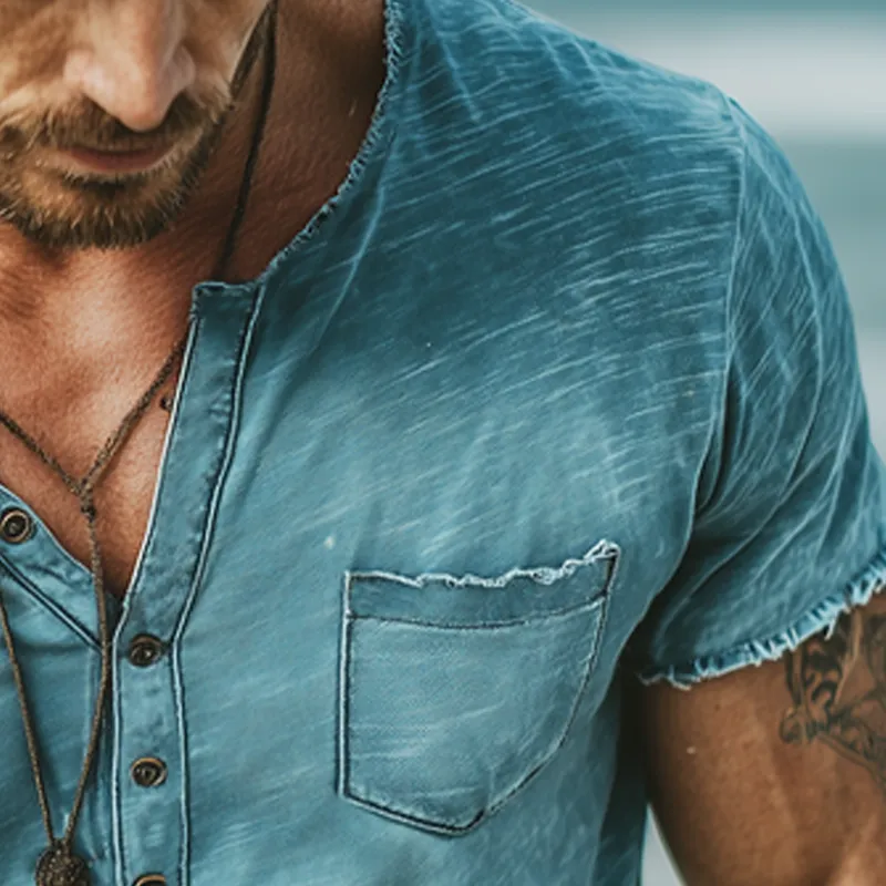 Men's Classic Henley Collar Slub Fabric Raw Edge Short Sleeve T-Shirt MTA1427G6U sold by Manly product image thumbnail 3