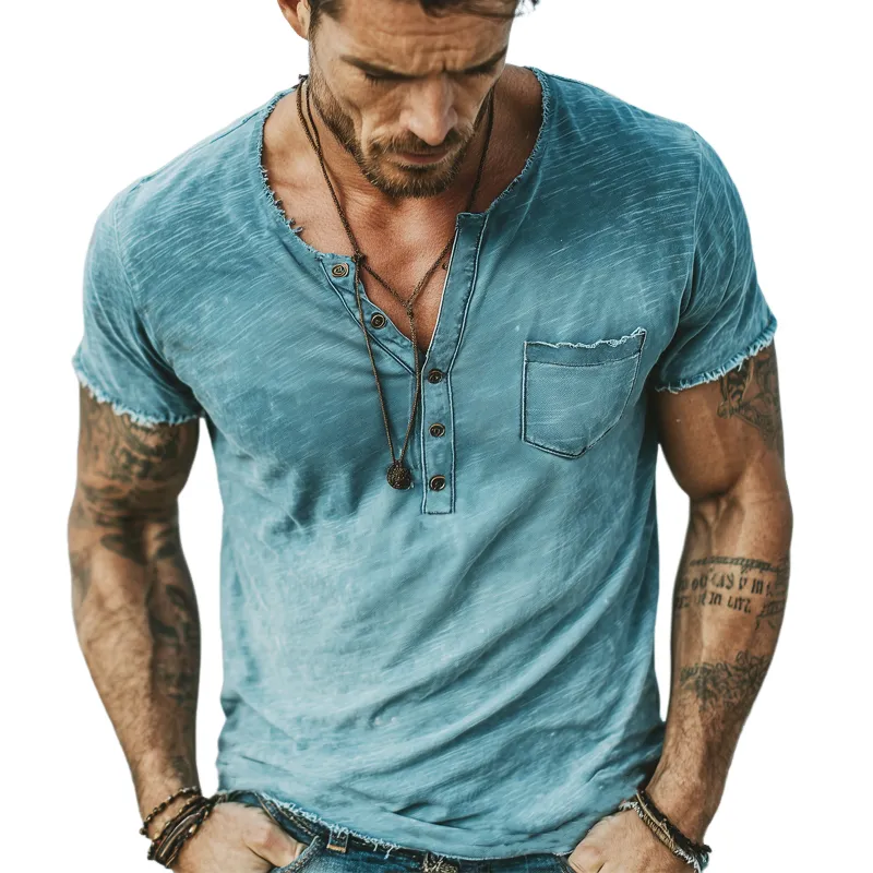 Men's Classic Henley Collar Slub Fabric Raw Edge Short Sleeve T-Shirt MTA1427G6U sold by Manly