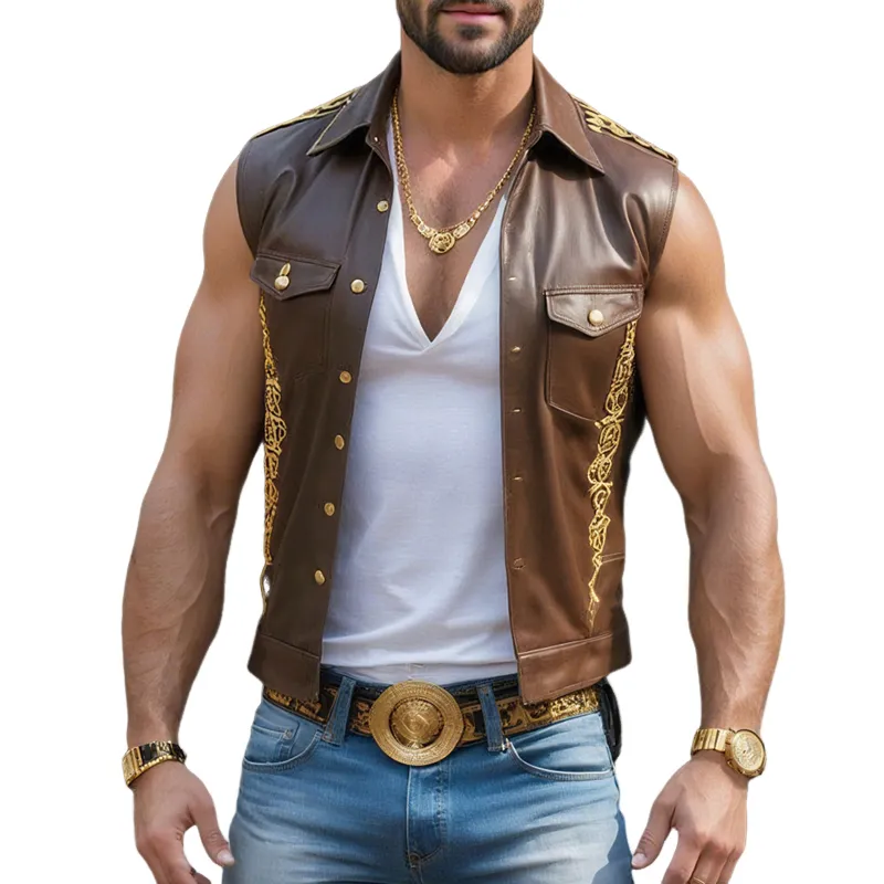 Men's Faux Leather Vintage Trim Lapel Single Breasted Sleeveless Vest MTA1496G5Z sold by Manly