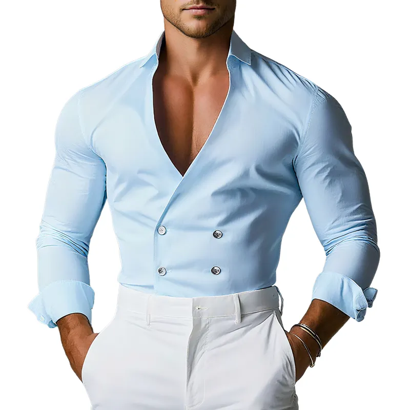 Men's Solid Color Lapel Long Sleeve Double Breasted Shirt MTA1488G1Z sold by Manly