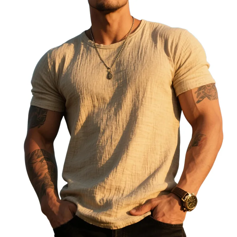 Men's Cotton And Linen Round Neck Short Sleeve Solid Color T-shirt MTA1444G5X sold by Manly
