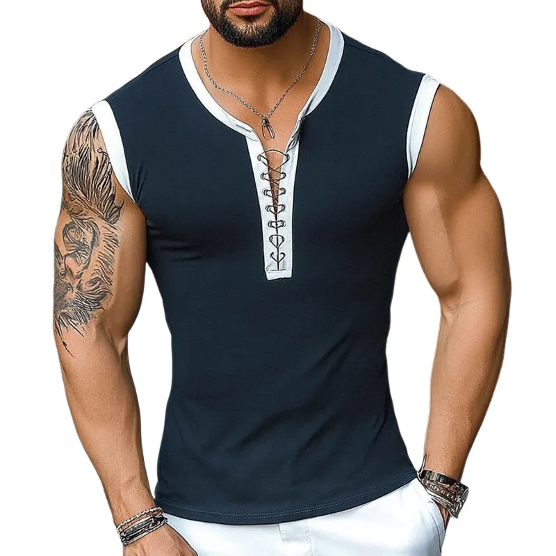 Men's Contrast Color Lace-up Round Neck Short-sleeved  T-Shirt MTA1479G5X sold by Manly