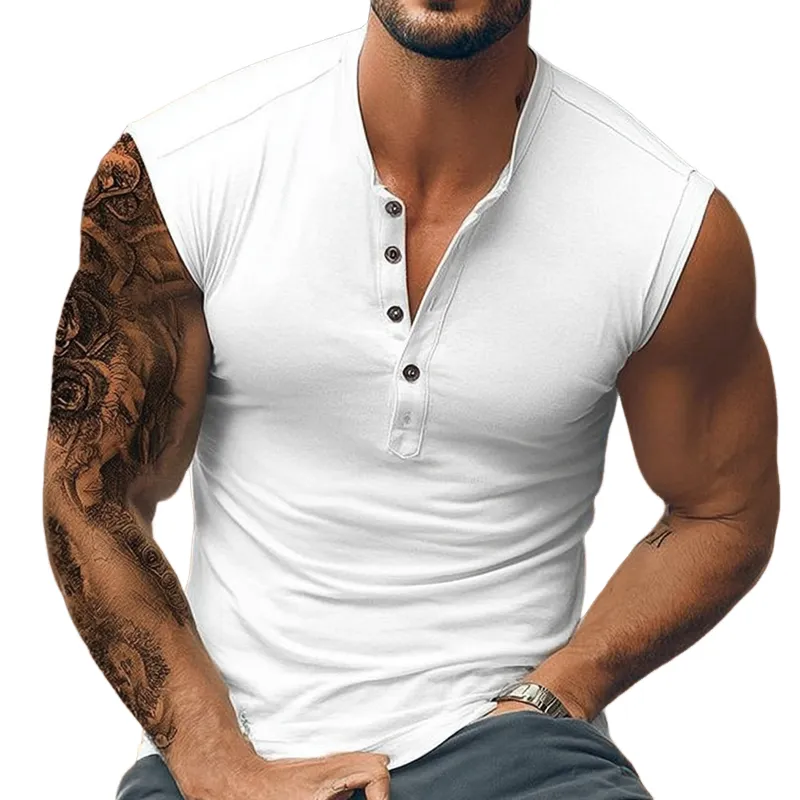 Men's Cotton Blend Henley Neck Sleeveless Tank Top MTA1433G8X sold by Manly