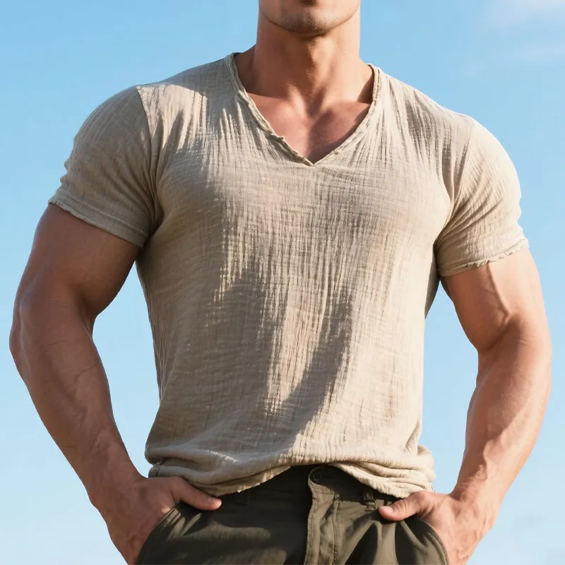 Men's Cotton Solid Color V-Neck Short Sleeve T-Shirt MTA1402G5X sold by Manly product image thumbnail 2