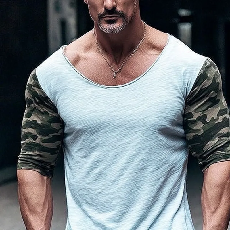 Men's Casual Contrast Camouflage Round Neck Long Sleeve T-shirt MTA1411G9X sold by Manly product image thumbnail 4