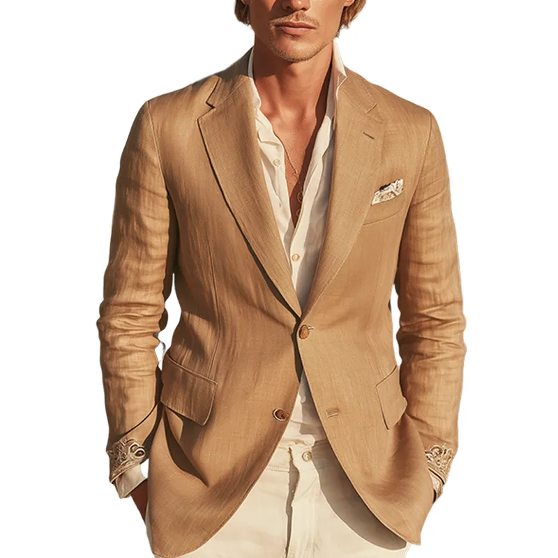 Men's Classic Retro Cuff Embroidery Cotton And Linen Slim Fit Single Breasted Blazer MTA1636G7K sold by Manly