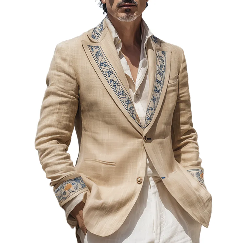 Men's Classic Vintage Collar And Cuff Embroidery Cotton And Linen Single-breasted Blazer MTA1618G4K sold by Manly