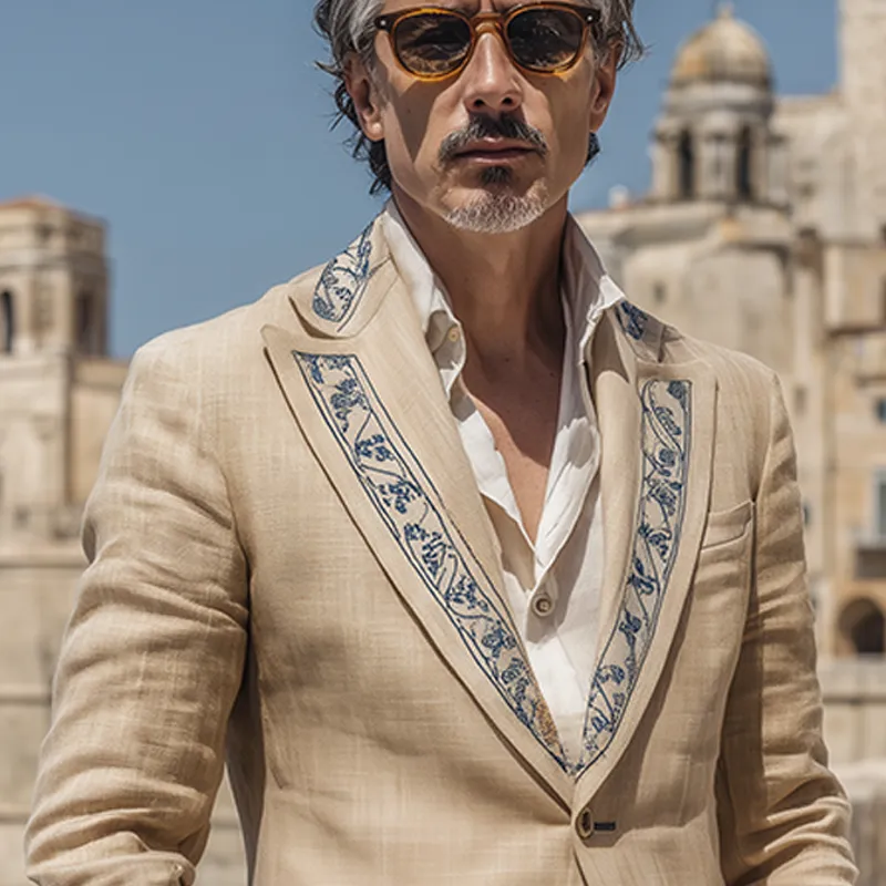 Men's Classic Vintage Collar And Cuff Embroidery Cotton And Linen Single-breasted Blazer MTA1618G4K sold by Manly product image thumbnail 4