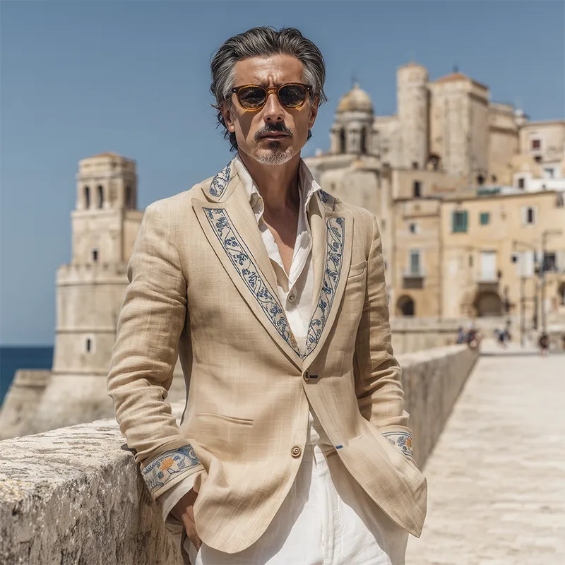 Men's Classic Vintage Collar And Cuff Embroidery Cotton And Linen Single-breasted Blazer MTA1618G4K sold by Manly product image thumbnail 3