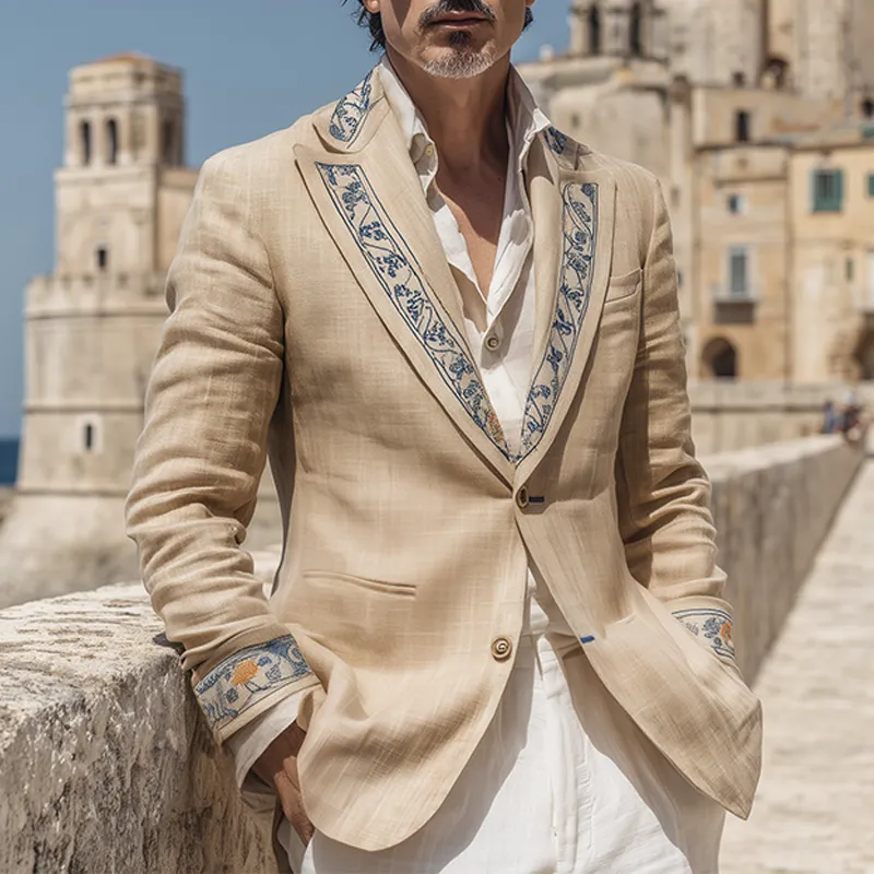 Men's Classic Vintage Collar And Cuff Embroidery Cotton And Linen Single-breasted Blazer MTA1618G4K sold by Manly product image thumbnail 2