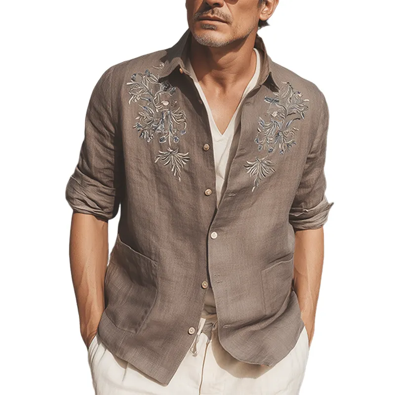 Men's Classic Retro Exquisite Chest Embroidery Cotton And Linen Lapel Patch Pocket Thin Jacket MTA1605G4K sold by Manly