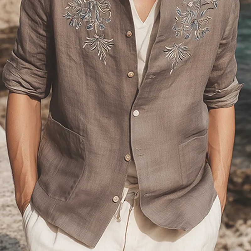 Men's Classic Retro Exquisite Chest Embroidery Cotton And Linen Lapel Patch Pocket Thin Jacket MTA1605G4K sold by Manly product image thumbnail 5