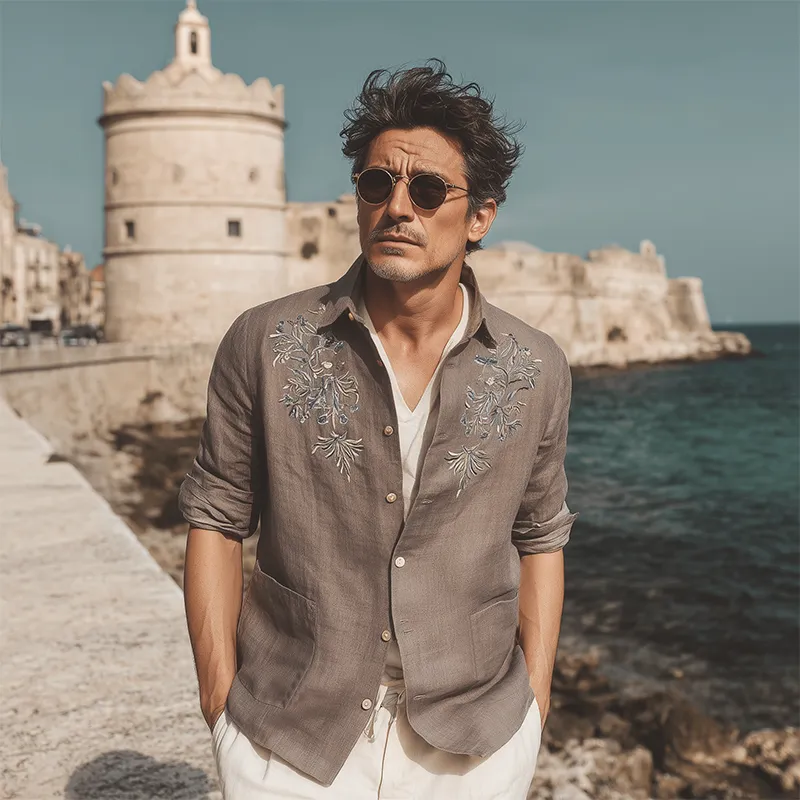 Men's Classic Retro Exquisite Chest Embroidery Cotton And Linen Lapel Patch Pocket Thin Jacket MTA1605G4K sold by Manly product image thumbnail 3