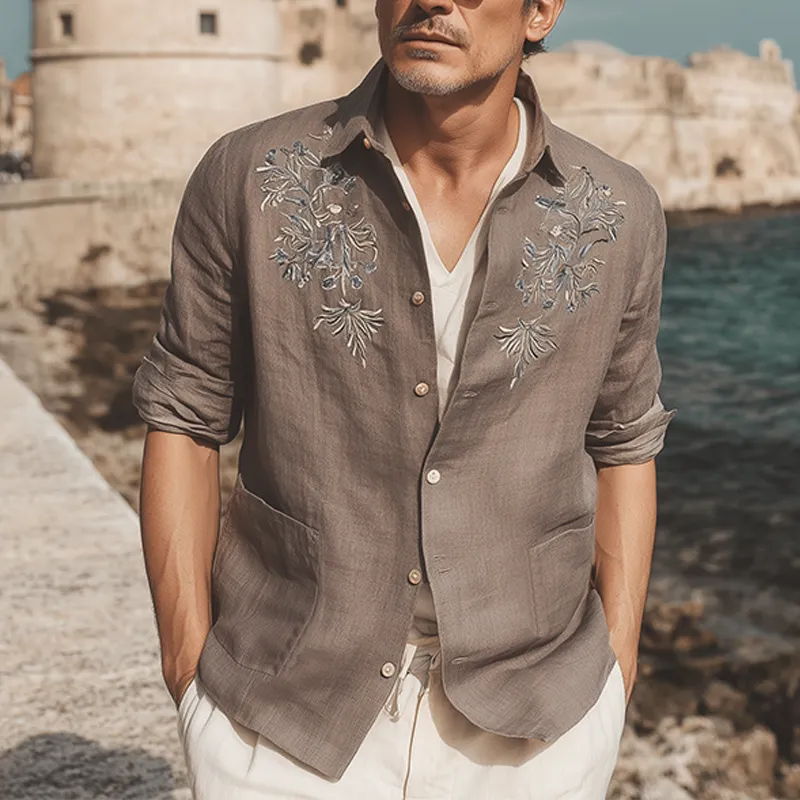 Men's Classic Retro Exquisite Chest Embroidery Cotton And Linen Lapel Patch Pocket Thin Jacket MTA1605G4K sold by Manly product image thumbnail 2