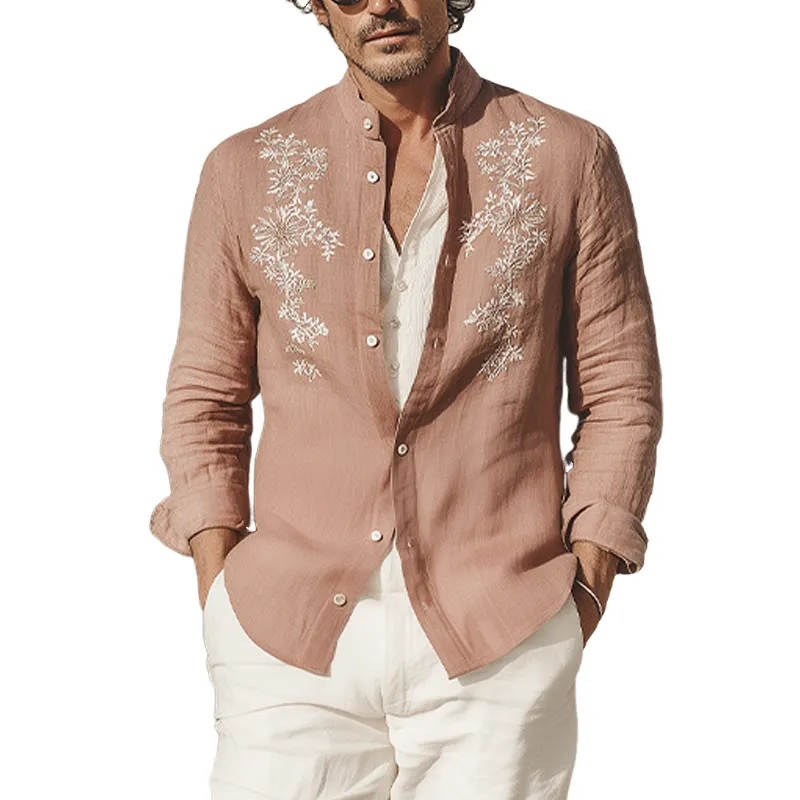 Men's Spring And Summer Retro Exquisite Embroidered Tencel Cotton Stand Collar Long Sleeve Shirt MTA1618G6K sold by Manly