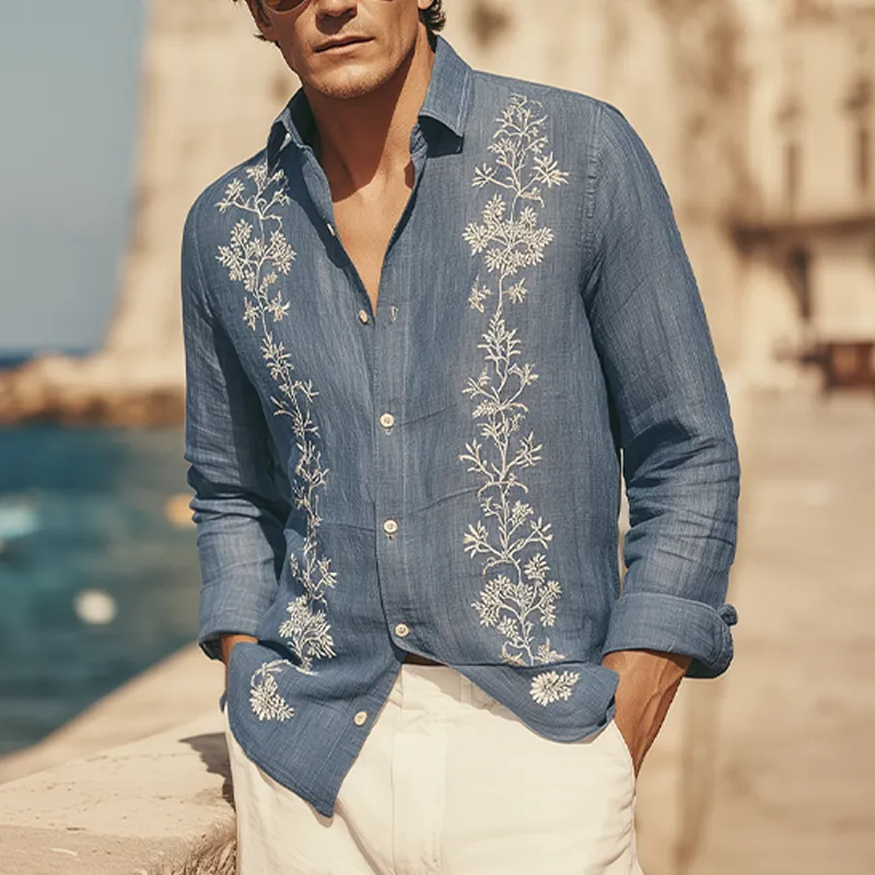 Men's Spring And Summer Retro Exquisite Embroidered Tencel Cotton Lapel Long-sleeved Shirt MTA1612G9K sold by Manly product image thumbnail 2