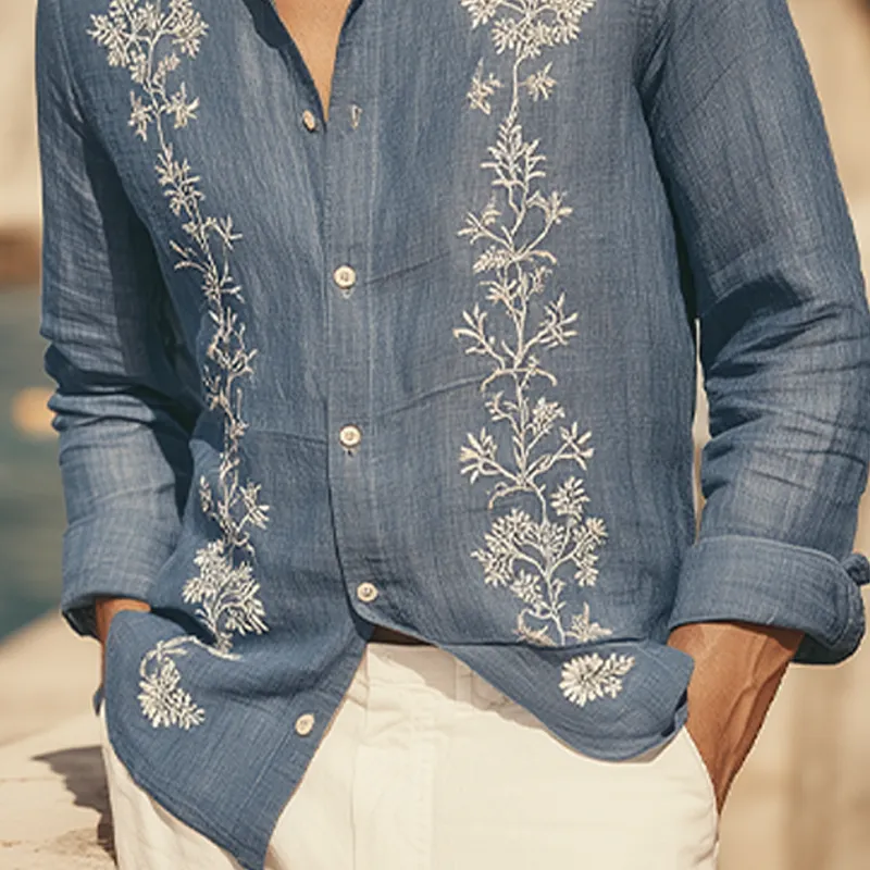 Men's Spring And Summer Retro Exquisite Embroidered Tencel Cotton Lapel Long-sleeved Shirt MTA1612G9K sold by Manly product image thumbnail 5