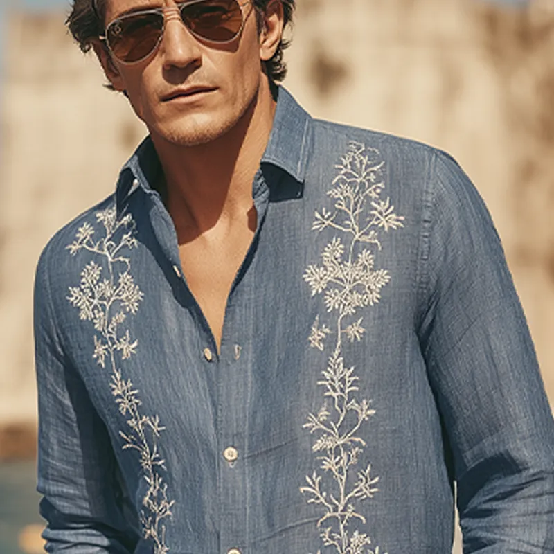 Men's Spring And Summer Retro Exquisite Embroidered Tencel Cotton Lapel Long-sleeved Shirt MTA1612G9K sold by Manly product image thumbnail 4