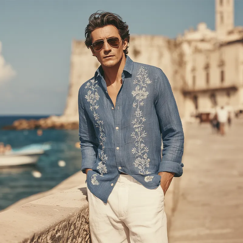 Men's Spring And Summer Retro Exquisite Embroidered Tencel Cotton Lapel Long-sleeved Shirt MTA1612G9K sold by Manly product image thumbnail 3