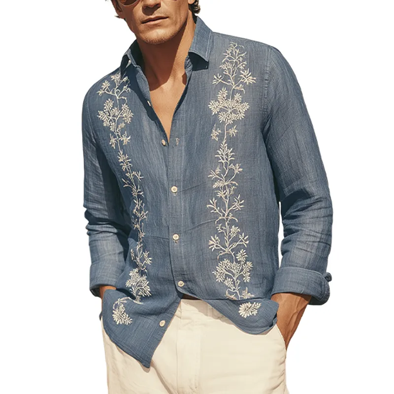 Men's Spring And Summer Retro Exquisite Embroidered Tencel Cotton Lapel Long-sleeved Shirt MTA1612G9K sold by Manly