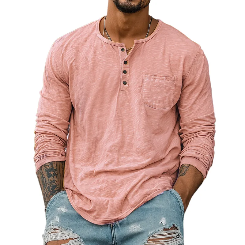 Men's Spring And Summer Casual Tough Style Henry Collar Bamboo Cotton Long Sleeve T-Shirt MTA1676G2K sold by Manly