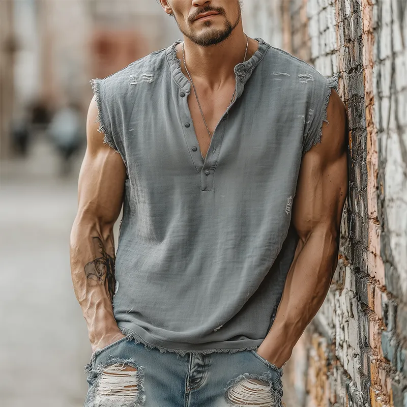 Men's Summer Casual Tough Style Henley Collar Cotton Blended Raw Edge Ripped Tank Top MTA1605G6K sold by Manly product image thumbnail 2